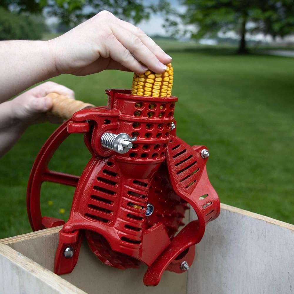 Lehman's Corn Kernel Sheller with Flywheel Pulley, Clamp On Cast Iron Non Electric Walnut Huller, Vintage Style, Red - Image 2