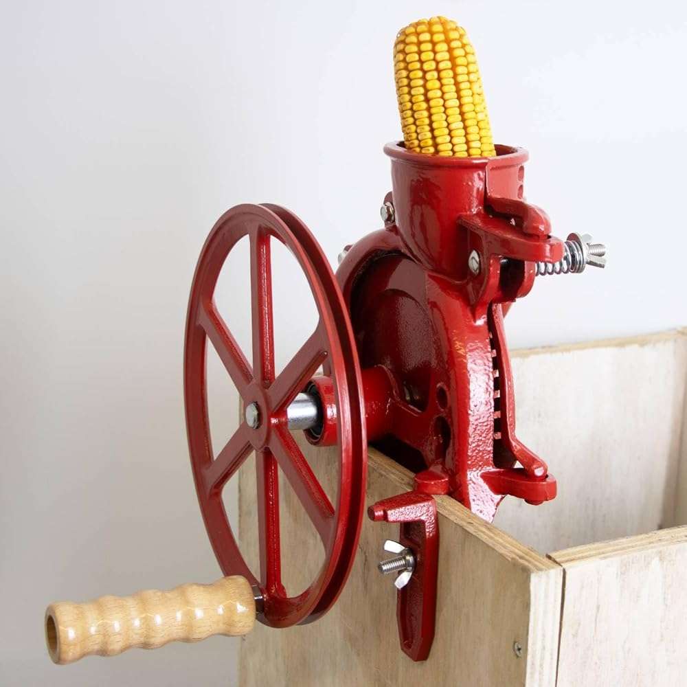 Lehman's Corn Kernel Sheller with Flywheel Pulley, Clamp On Cast Iron Non Electric Walnut Huller, Vintage Style, Red - Image 4