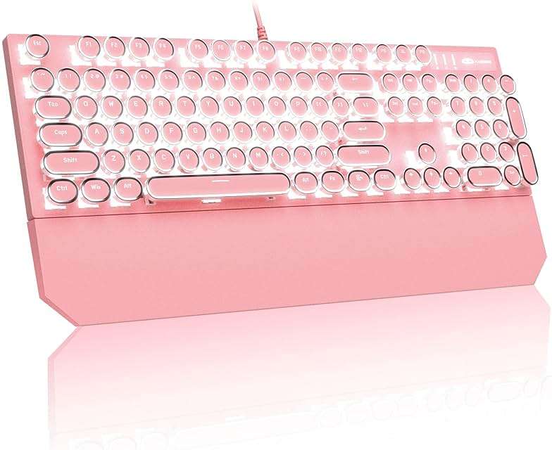 MageGee Typewriter Mechanical Gaming Keyboard, Retro Punk Pink Round Keycaps, 104 Keys LED White Backlit Wired Keyboards for Laptop MAC PC Gamer, with Magnetic Wrist Rest, Blue Switch - Image 1
