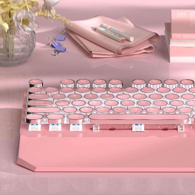 MageGee Typewriter Mechanical Gaming Keyboard, Retro Punk Pink Round Keycaps, 104 Keys LED White Backlit Wired Keyboards for Laptop MAC PC Gamer, with Magnetic Wrist Rest, Blue Switch - Image 2