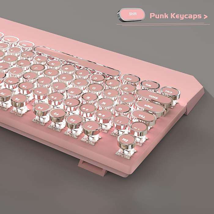 MageGee Typewriter Mechanical Gaming Keyboard, Retro Punk Pink Round Keycaps, 104 Keys LED White Backlit Wired Keyboards for Laptop MAC PC Gamer, with Magnetic Wrist Rest, Blue Switch - Image 4