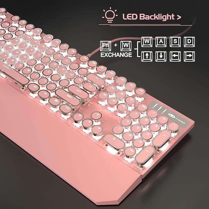 MageGee Typewriter Mechanical Gaming Keyboard, Retro Punk Pink Round Keycaps, 104 Keys LED White Backlit Wired Keyboards for Laptop MAC PC Gamer, with Magnetic Wrist Rest, Blue Switch - Image 5