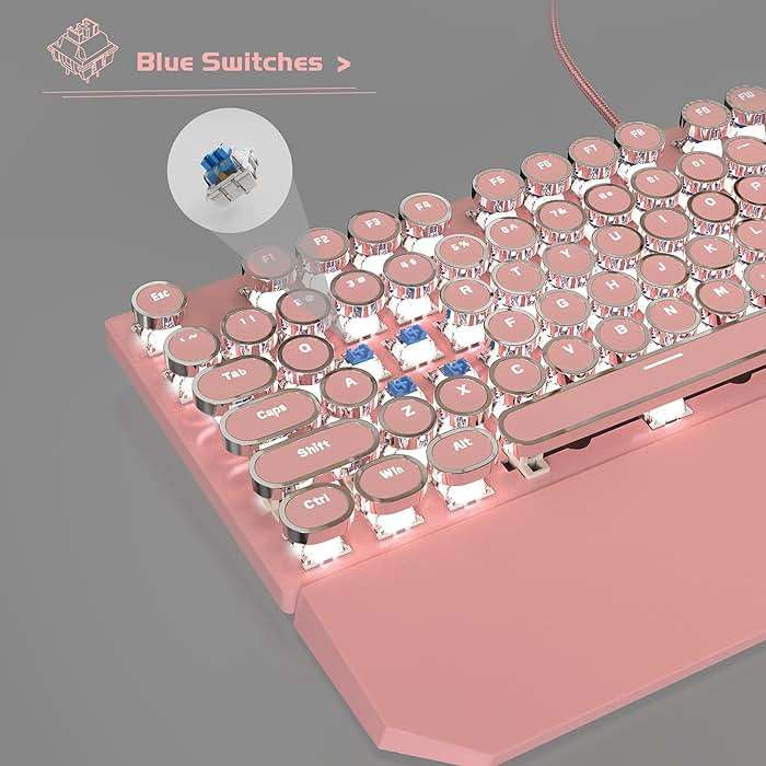 MageGee Typewriter Mechanical Gaming Keyboard, Retro Punk Pink Round Keycaps, 104 Keys LED White Backlit Wired Keyboards for Laptop MAC PC Gamer, with Magnetic Wrist Rest, Blue Switch - Image 6