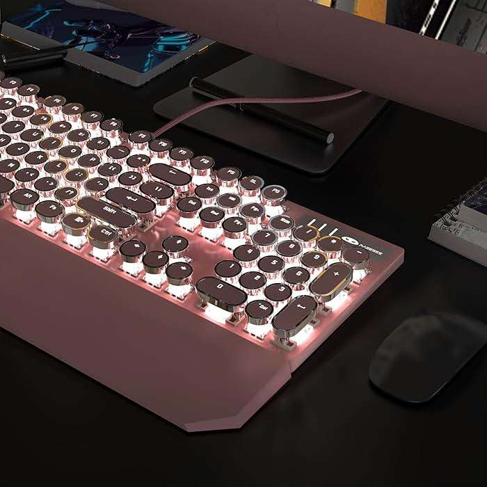 MageGee Typewriter Mechanical Gaming Keyboard, Retro Punk Pink Round Keycaps, 104 Keys LED White Backlit Wired Keyboards for Laptop MAC PC Gamer, with Magnetic Wrist Rest, Blue Switch - Image 7