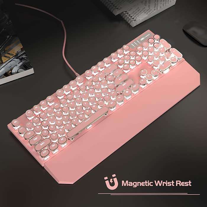 MageGee Typewriter Mechanical Gaming Keyboard, Retro Punk Pink Round Keycaps, 104 Keys LED White Backlit Wired Keyboards for Laptop MAC PC Gamer, with Magnetic Wrist Rest, Blue Switch - Image 8