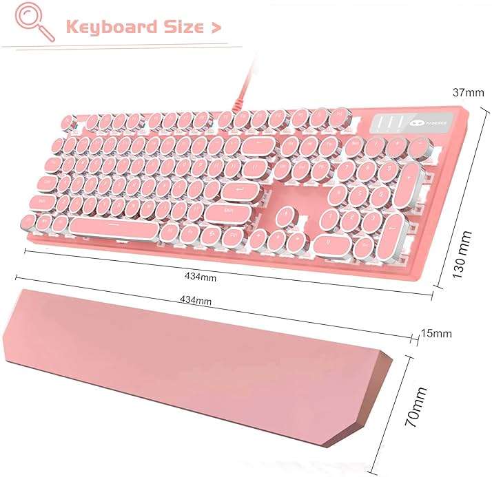 MageGee Typewriter Mechanical Gaming Keyboard, Retro Punk Pink Round Keycaps, 104 Keys LED White Backlit Wired Keyboards for Laptop MAC PC Gamer, with Magnetic Wrist Rest, Blue Switch - Image 9