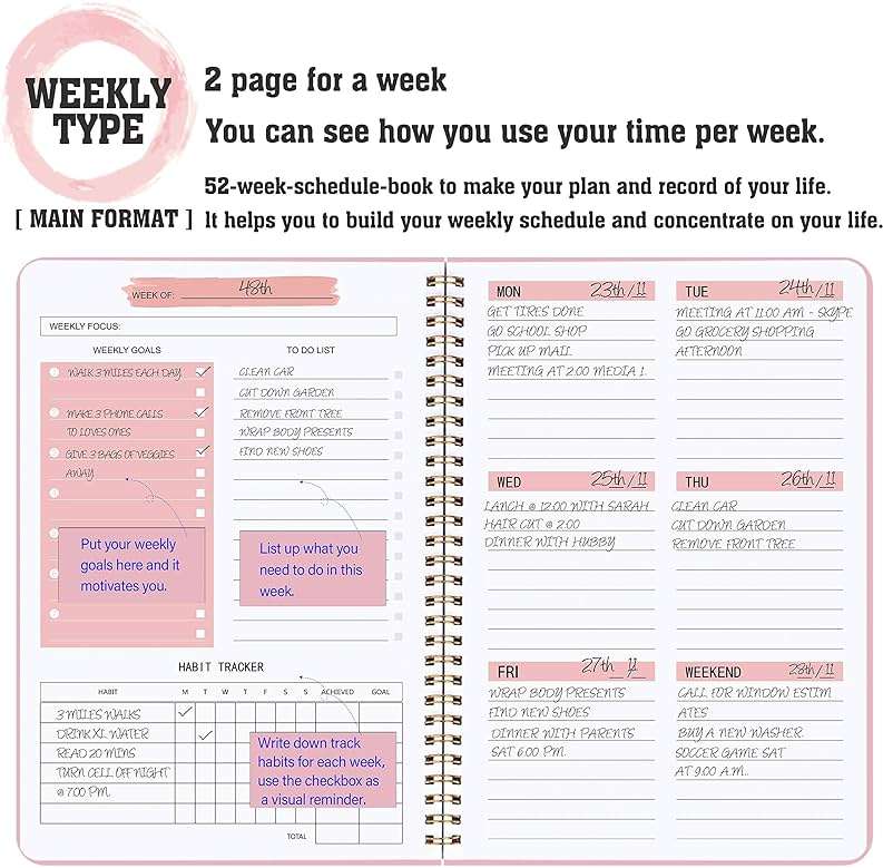 Undated Weekly Planner - Weekly Goals Notebook with To Do List, Habit Tracker, Daily Schedule Journal with Spiral Binding, 5.7 x 8.0 inches,Productivity Organizer Notebook for Work, School, Home, Pink - Image 3