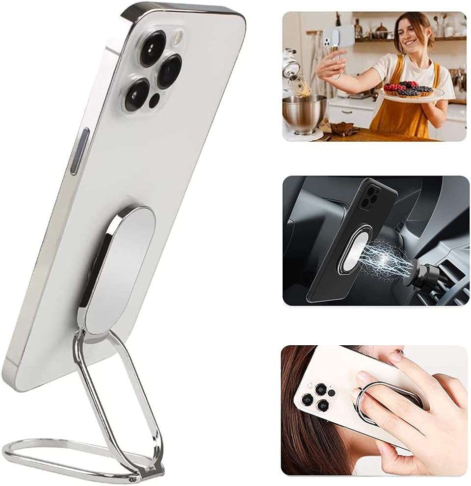 Cell Phone Ring Holder Finger Kickstand, CLZWiiN Foldable 360° Rotation Cellphone Stand for Desk, Office Desktop, Magnetic Car Mount, Metal Multi-Angle for Phone Back Grip (Silver) - Image 1
