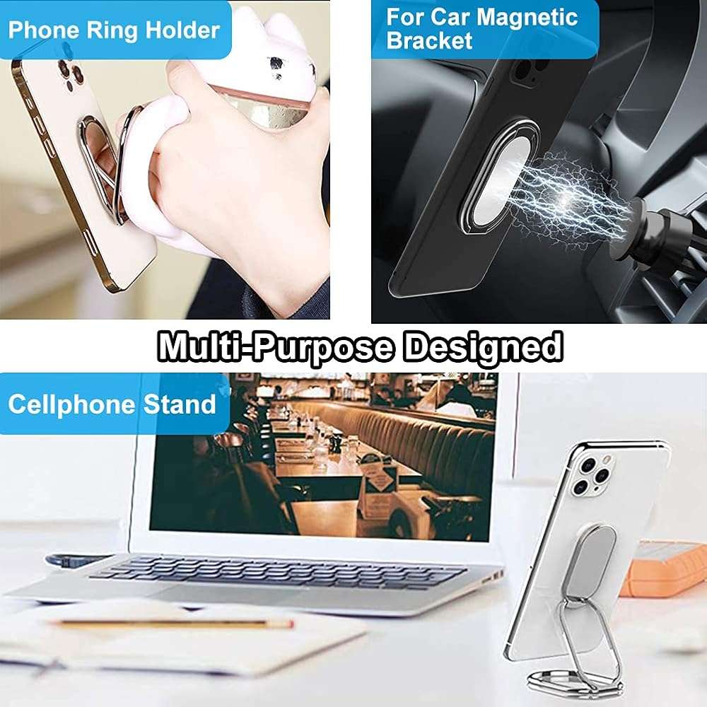 Cell Phone Ring Holder Finger Kickstand, CLZWiiN Foldable 360° Rotation Cellphone Stand for Desk, Office Desktop, Magnetic Car Mount, Metal Multi-Angle for Phone Back Grip (Silver) - Image 4
