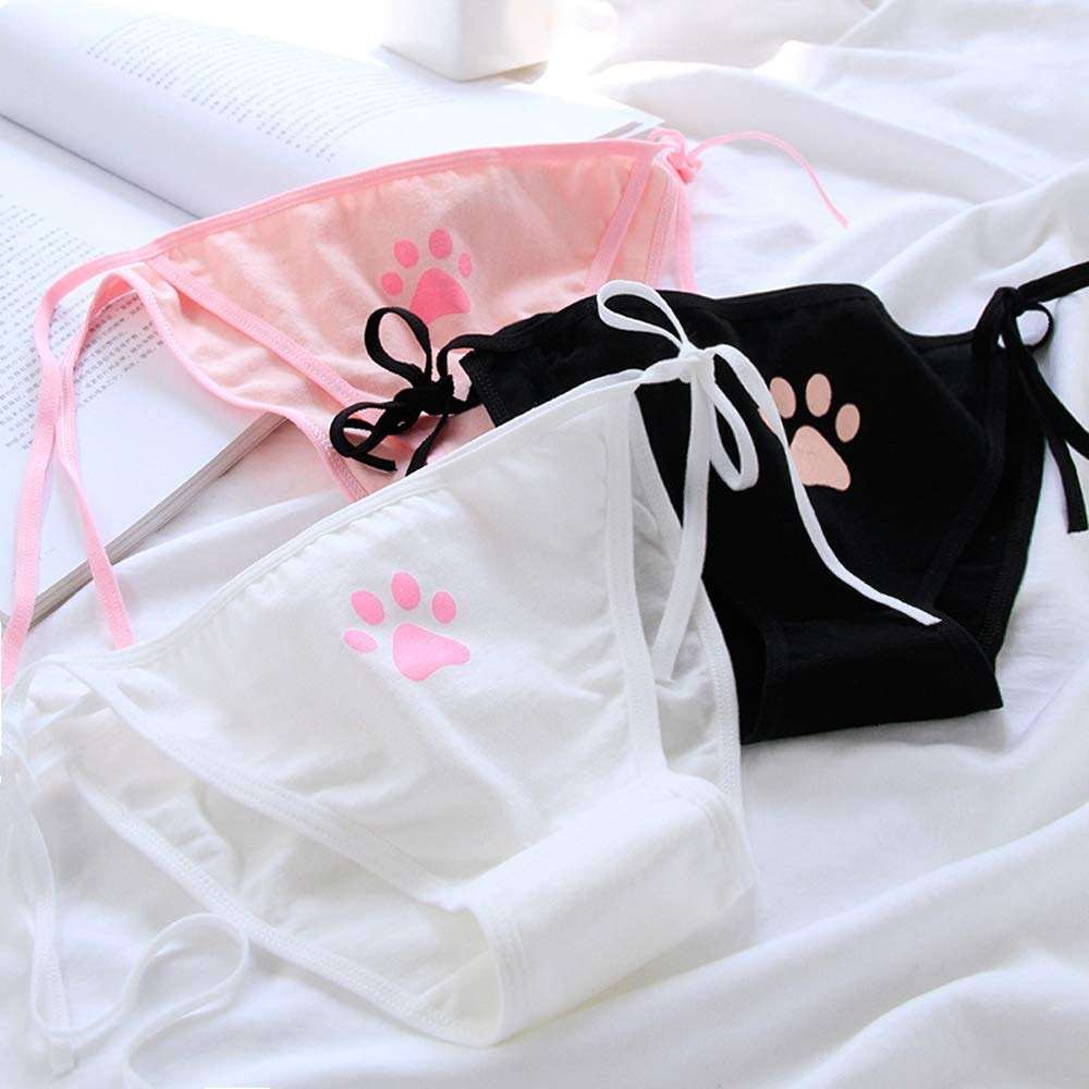 Cute Japanese Style Blue & pink Stripe Panties Bikini Cosplay Cotton Underwear Bandage Anime Free size Hot (3 pieces) (Cat paw) - Image 6