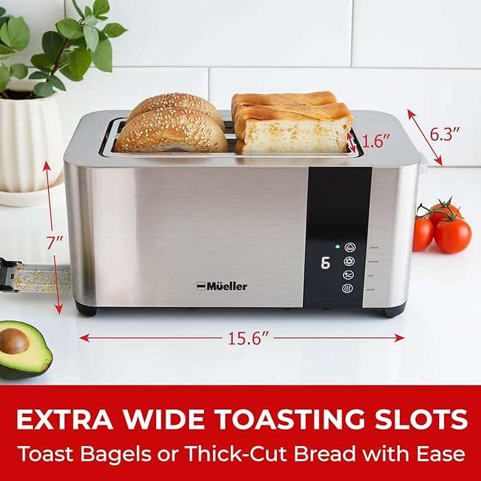 Mueller UltraToast Stainless Steel Toaster 4 Slice – Extra-Wide 1.6" Slots for Artisan Bread, Bagels & Frozen Waffles, 6 Browning Levels, LED Display, Cancel/Defrost/Reheat, Removable Crumb Tray - Image 3