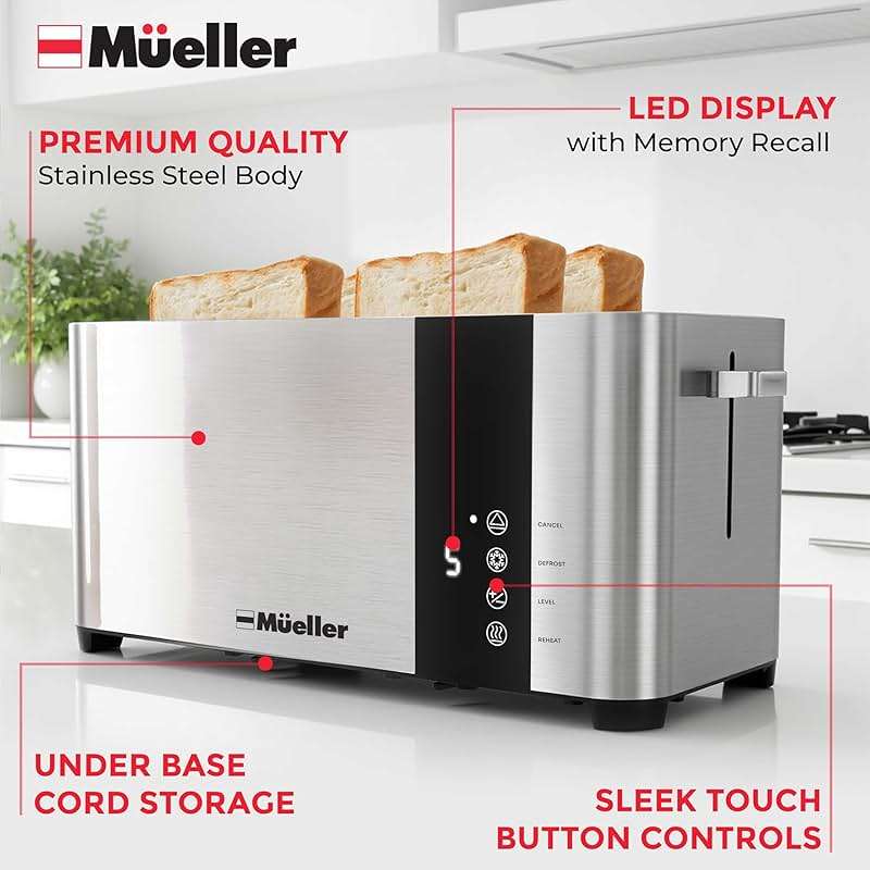 Mueller UltraToast Stainless Steel Toaster 4 Slice – Extra-Wide 1.6" Slots for Artisan Bread, Bagels & Frozen Waffles, 6 Browning Levels, LED Display, Cancel/Defrost/Reheat, Removable Crumb Tray - Image 6