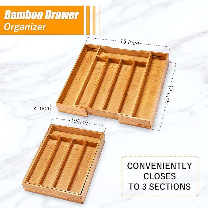 Bellsal Silverware Organizer Kitchen Drawer Organizer Expandable Bamboo Utensil Holder Cutlery Tray for Kitchen Utensil and Flatware Bedroom Office - Image 2