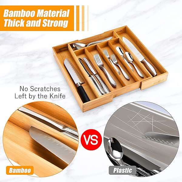Bellsal Silverware Organizer Kitchen Drawer Organizer Expandable Bamboo Utensil Holder Cutlery Tray for Kitchen Utensil and Flatware Bedroom Office - Image 4