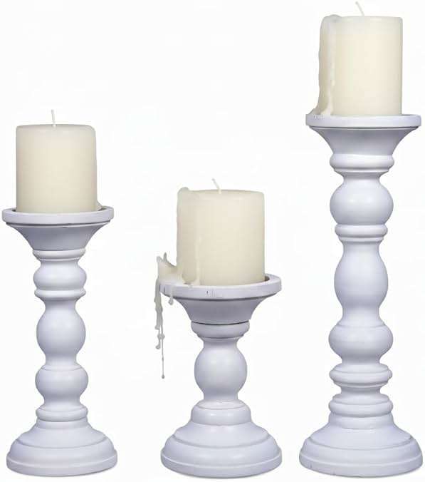 Mela Artisans 6”, 9” & 12” Mango Wood Pillar Candle Holder Set of 3 – Willow Design Matte White – Wooden Candle Holders for Table, Mantel & Living Room Décor - Image 1