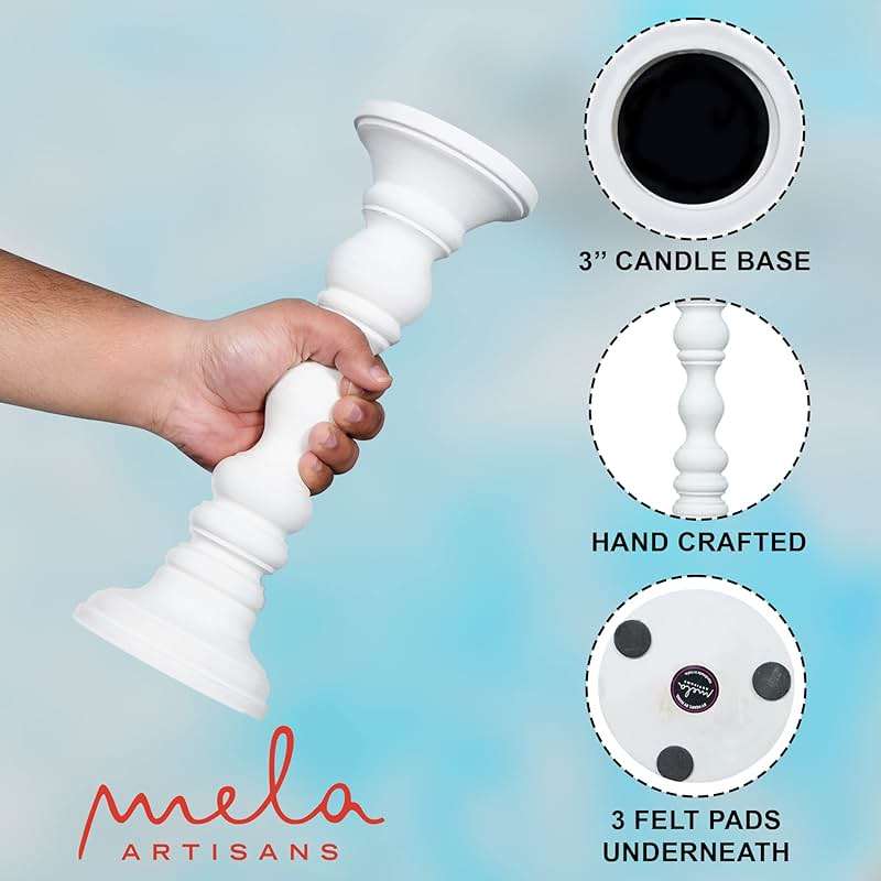 Mela Artisans 6”, 9” & 12” Mango Wood Pillar Candle Holder Set of 3 – Willow Design Matte White – Wooden Candle Holders for Table, Mantel & Living Room Décor - Image 4