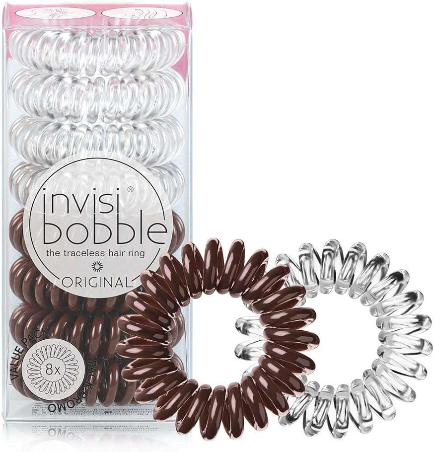 invisibobble Original Traceless Spiral Hair Ties - Pack of 8, Crystal Clear and Pretzel Brown - Strong Elastic Grip Coil Accessories for Women - Non Soaking - Gentle for Girls Teens and Thick Hair - Image 1