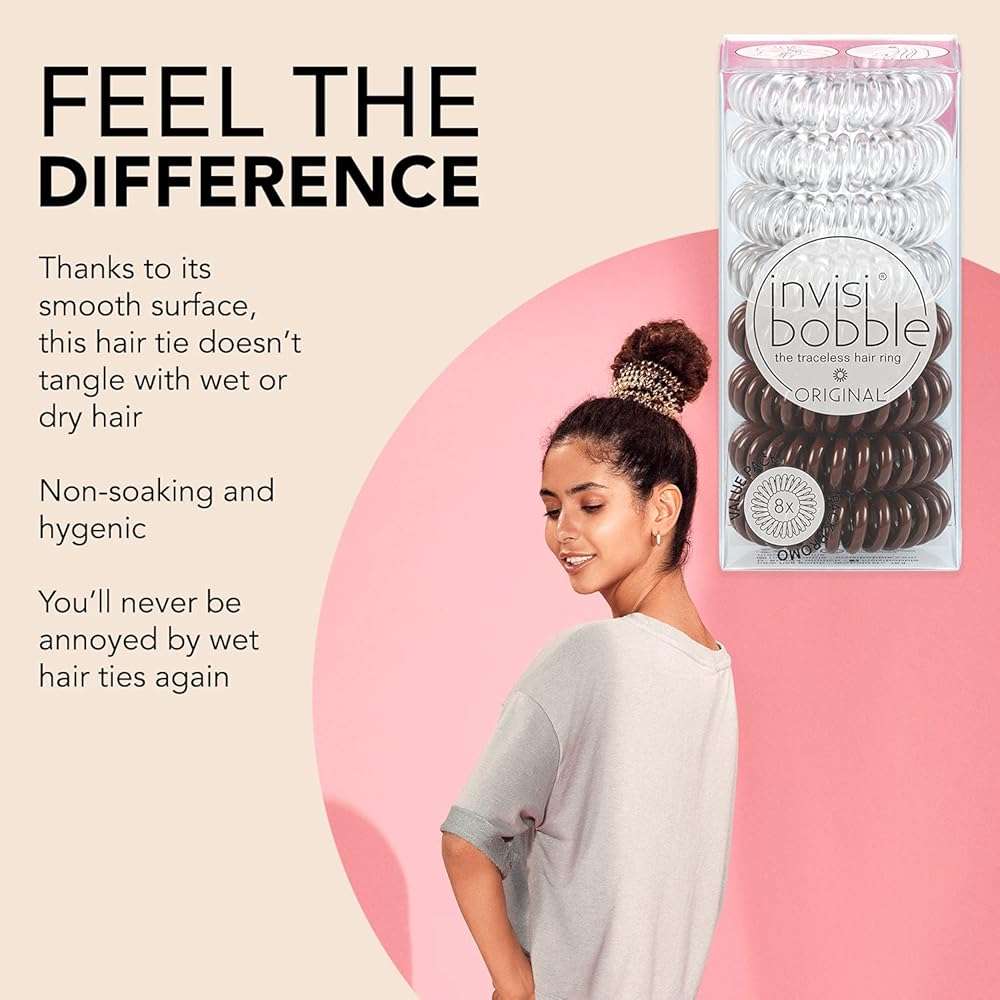 invisibobble Original Traceless Spiral Hair Ties - Pack of 8, Crystal Clear and Pretzel Brown - Strong Elastic Grip Coil Accessories for Women - Non Soaking - Gentle for Girls Teens and Thick Hair - Image 3
