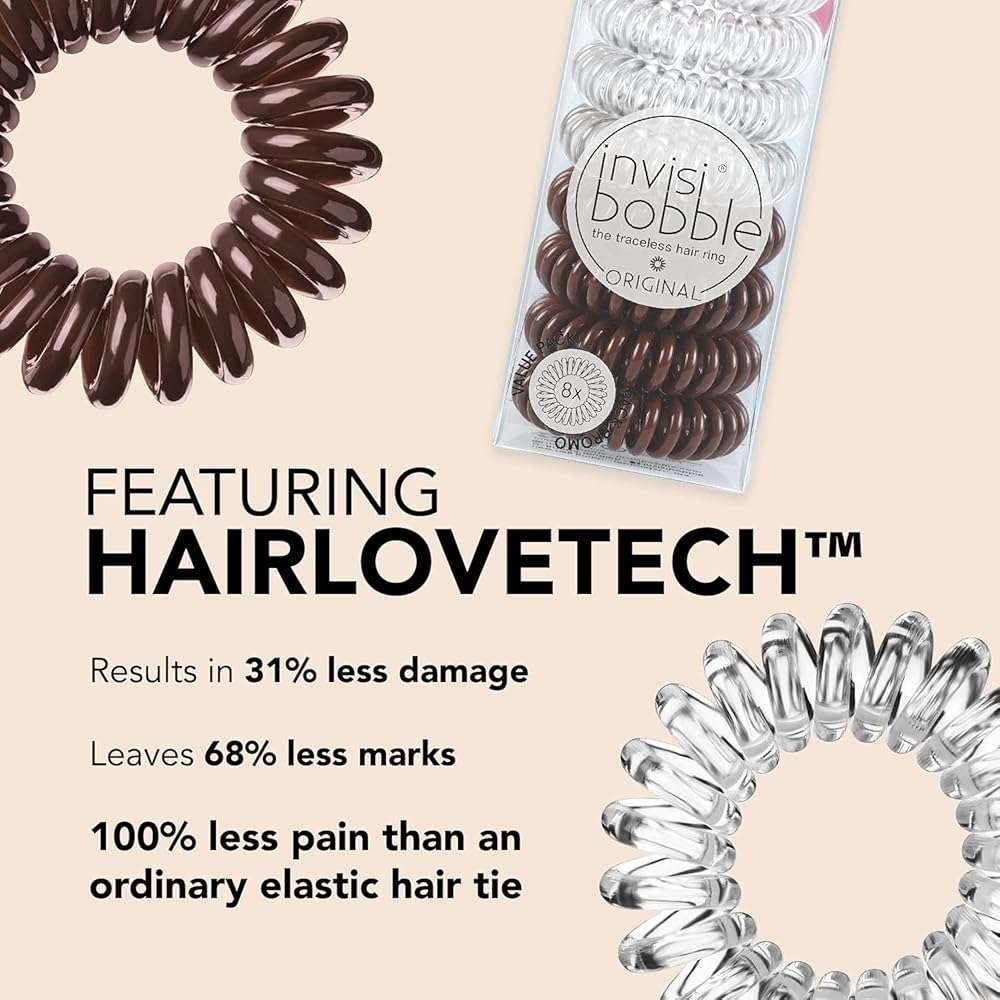 invisibobble Original Traceless Spiral Hair Ties - Pack of 8, Crystal Clear and Pretzel Brown - Strong Elastic Grip Coil Accessories for Women - Non Soaking - Gentle for Girls Teens and Thick Hair - Image 4