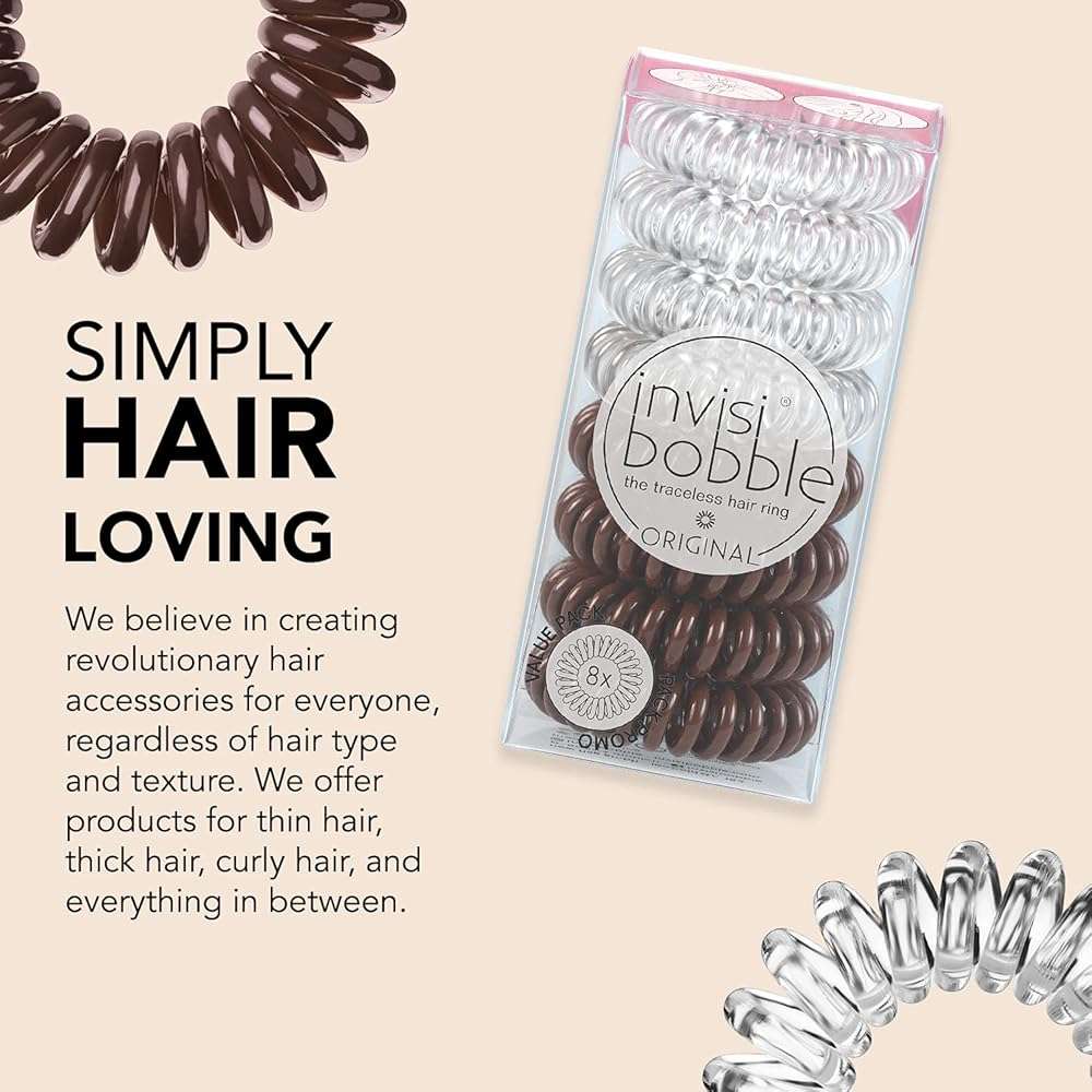 invisibobble Original Traceless Spiral Hair Ties - Pack of 8, Crystal Clear and Pretzel Brown - Strong Elastic Grip Coil Accessories for Women - Non Soaking - Gentle for Girls Teens and Thick Hair - Image 6