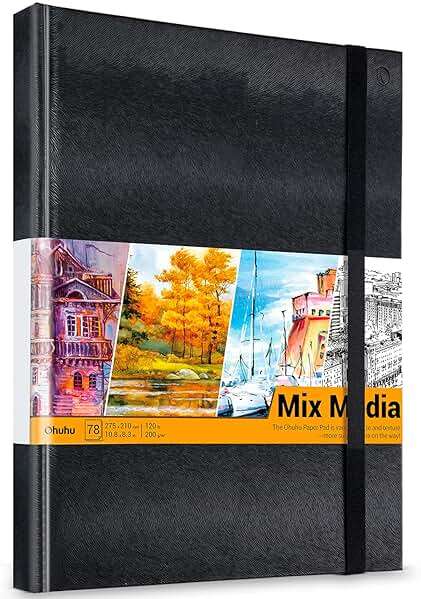 Ohuhu Mix Media Pad - 10.8" x 7.8" Mixed Media Art Sketchbook, 120 lb/200 gsm Heavyweight Papers, 78 Sheets/156 Pages, PU Hardcover Mixed Media Paper Pad for Acrylic Painting Christmas Gift - Image 1