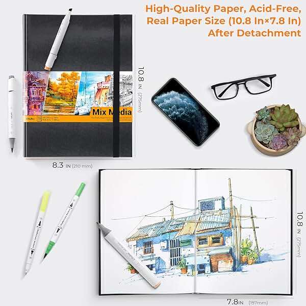 Ohuhu Mix Media Pad - 10.8" x 7.8" Mixed Media Art Sketchbook, 120 lb/200 gsm Heavyweight Papers, 78 Sheets/156 Pages, PU Hardcover Mixed Media Paper Pad for Acrylic Painting Christmas Gift - Image 3
