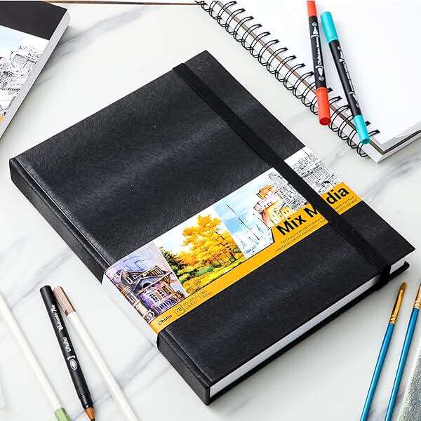 Ohuhu Mix Media Pad - 10.8" x 7.8" Mixed Media Art Sketchbook, 120 lb/200 gsm Heavyweight Papers, 78 Sheets/156 Pages, PU Hardcover Mixed Media Paper Pad for Acrylic Painting Christmas Gift - Image 7