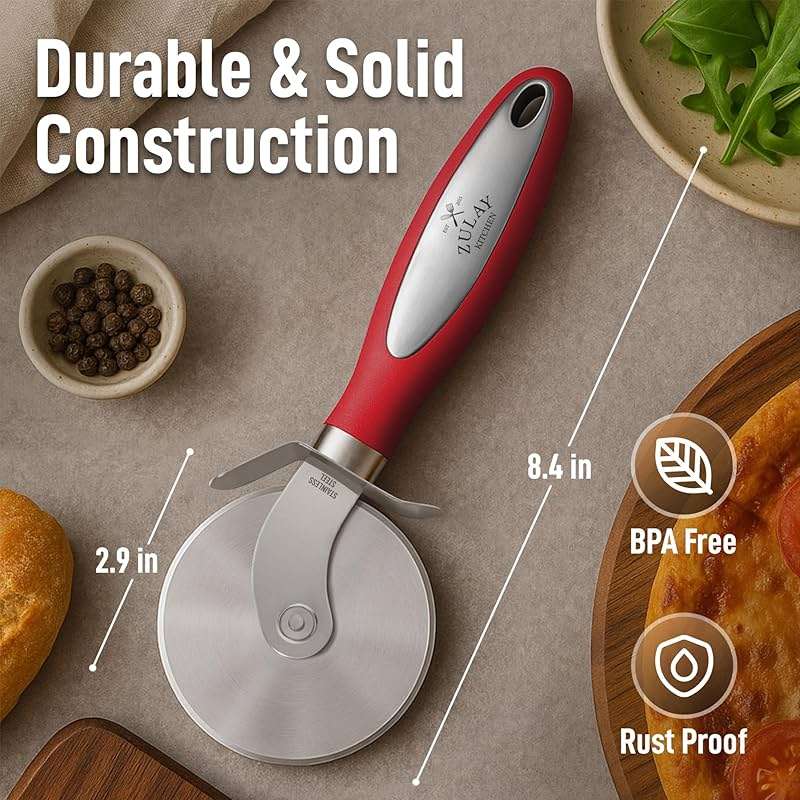 Zulay Kitchen Large Pizza Cutter Wheel - Premium Stainless Steel Pizza Slicer - Easy To Clean & Cut Pizza Wheel - Super Sharp, Non-Slip Handle & Dishwasher Friendly - Red - Image 2