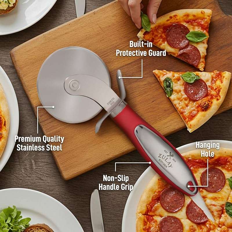 Zulay Kitchen Large Pizza Cutter Wheel - Premium Stainless Steel Pizza Slicer - Easy To Clean & Cut Pizza Wheel - Super Sharp, Non-Slip Handle & Dishwasher Friendly - Red - Image 5