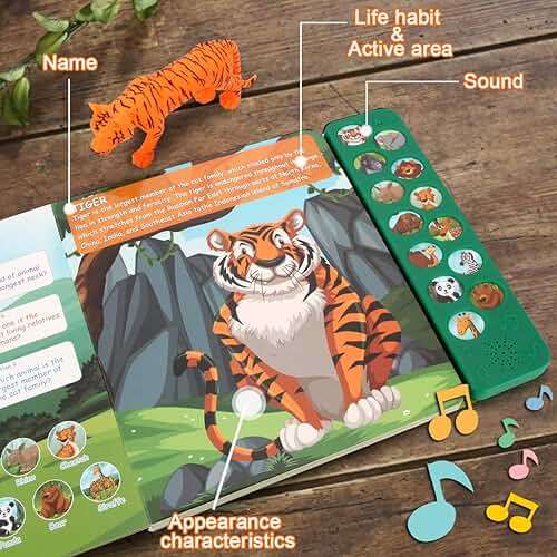 Tudoccy Safari Animals Figures Toys - 13 Realistic Wild Plastic Animal Figurines & Kids Sound Book - Educational Learning Toys Gift for 3 Years Old & Up Boys Girls Toddlers - Image 4