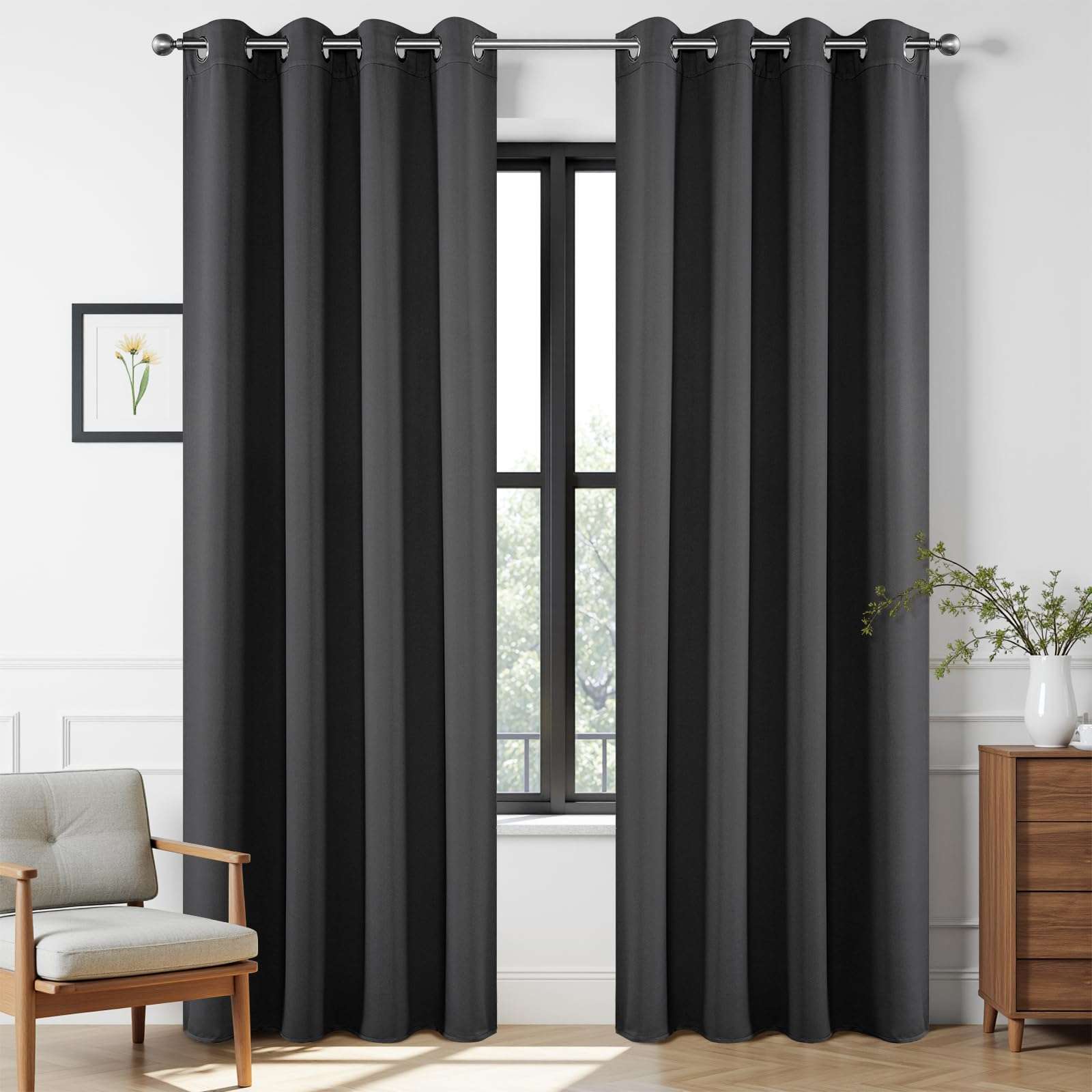 Joydeco 72" Grey Blackout Curtains, Bedroom Room Divider Drapes, 2 Panels | Grommet top thermal insulated & noise reducing panels. Ideal light blocking curtains for bedroom & living room. - Image 1