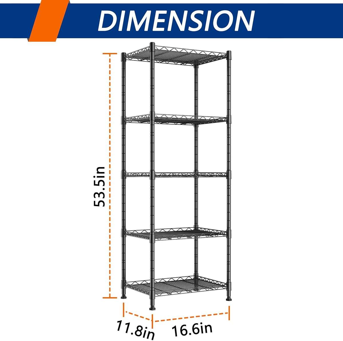 REGILLER 5-Wire Shelving Metal Storage Rack Adjustable Shelves,Standing Storage Shelf Units for Laundry Bathroom Kitchen Pantry Closet(Black,11.8" D x 16.6" W x 53.5" H) - Image 3