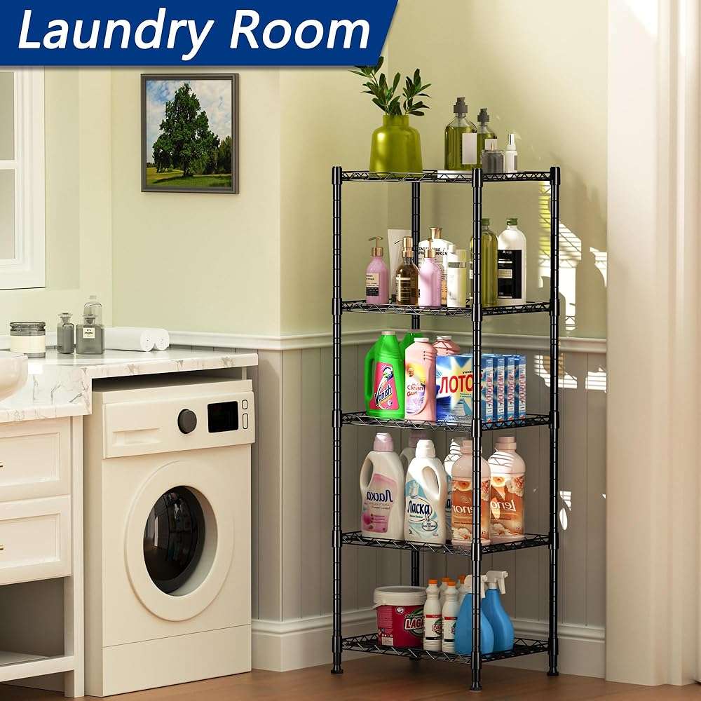 REGILLER 5-Wire Shelving Metal Storage Rack Adjustable Shelves,Standing Storage Shelf Units for Laundry Bathroom Kitchen Pantry Closet(Black,11.8" D x 16.6" W x 53.5" H) - Image 4