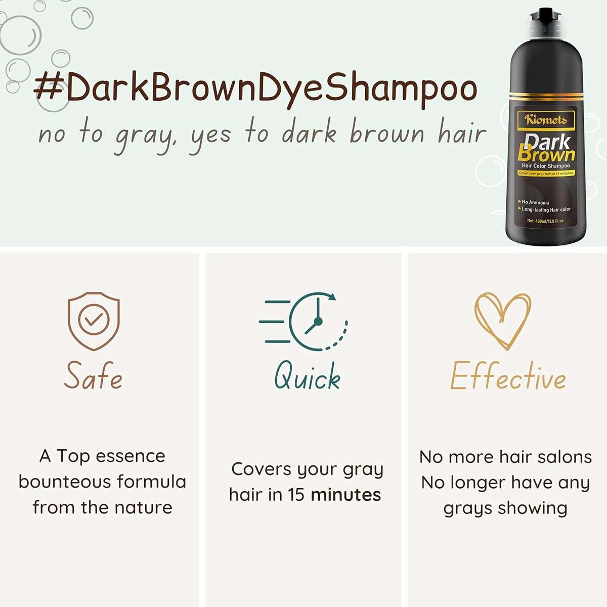 KILOMETS Dark Brown Hair Color Dye Shampoo, 400ml - 100% Grey Coverage in Minutes, Ammonia Free - Gray Silver Hair Dye Shampoo - Image 3