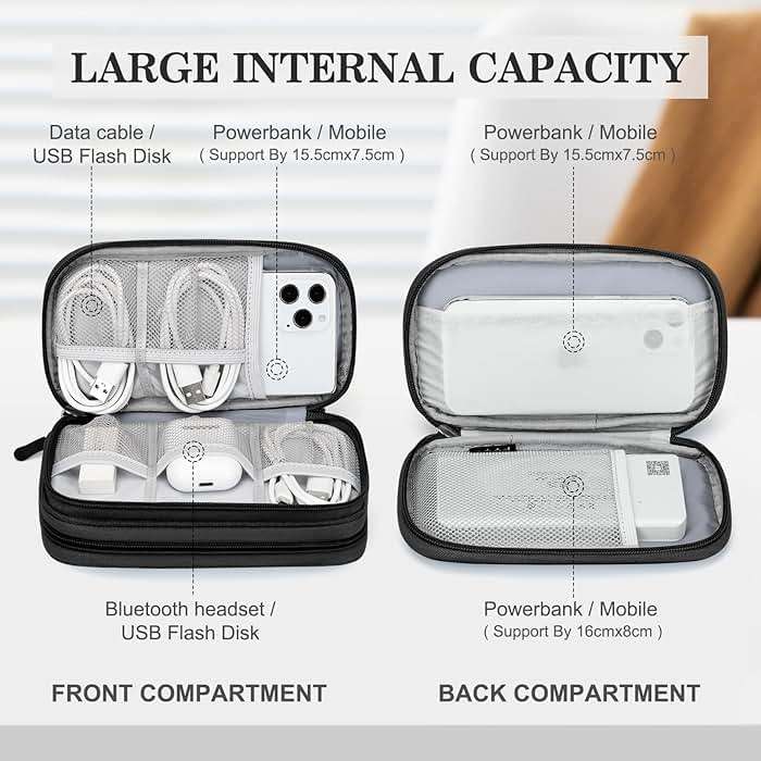 FYY Travel Cable Organizer Pouch Electronic Accessories Carry Case Portable Waterproof Double Layers All-in-One Storage Bag for Cord, Charger, Phone, Earphone Black - Image 3