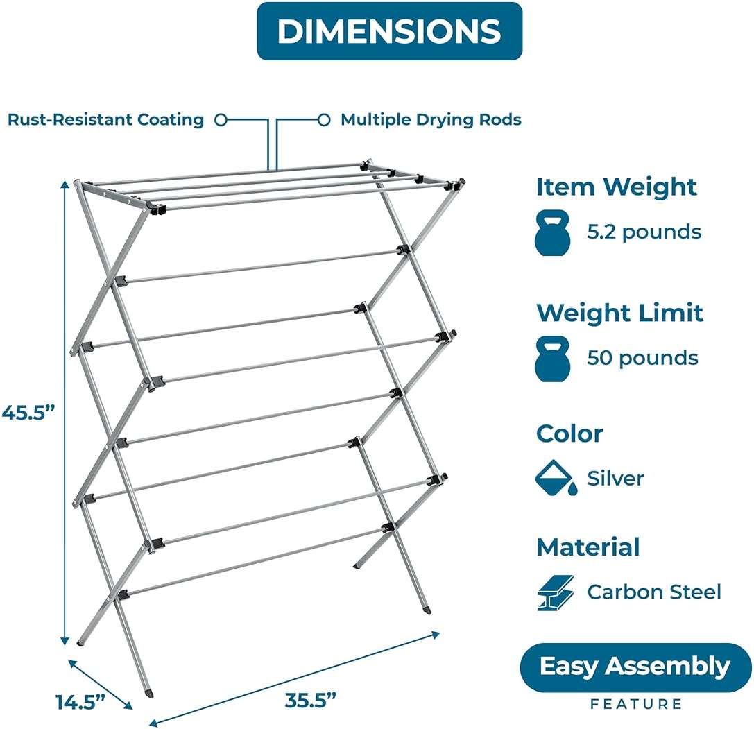 Honey-Can-Do Oversize Family-Size Laundry Drying Rack, 35.5" Extra-Wide (22% Wider Than Standard), 50lb Capacity Sturdy Steel, Foldable Clothes Rack, Silver - Image 3