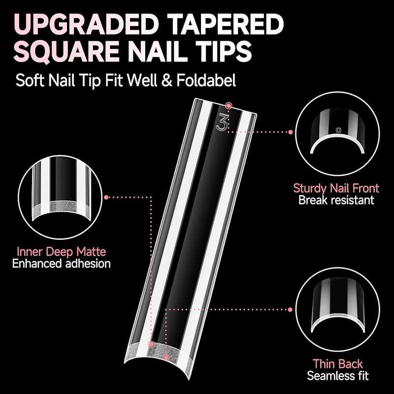 UNA GELLA No C Curve Nail Tips 504 PCS Extra Long XXL Tapered Square Nail Tips Half Cover Nails tips Straight Shape For French Acrylic Nails False Fake Clear Tips Square Shape with Box - Image 4