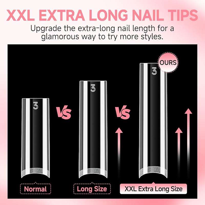 UNA GELLA No C Curve Nail Tips 504 PCS Extra Long XXL Tapered Square Nail Tips Half Cover Nails tips Straight Shape For French Acrylic Nails False Fake Clear Tips Square Shape with Box - Image 6
