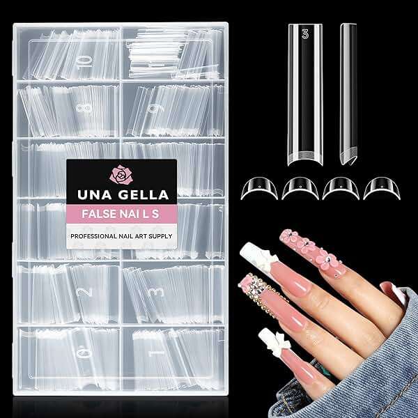 UNA GELLA No C Curve Nail Tips 504 PCS Extra Long XXL Tapered Square Nail Tips Half Cover Nails tips Straight Shape For French Acrylic Nails False Fake Clear Tips Square Shape with Box - Image 9