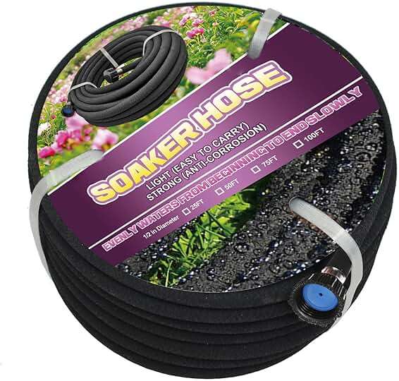 Soaker Hose 100ft - 1/2 Round Rubber Garden Soaker Hoses Kit, Heavy Duty Irrigation Drip Hose, Water Seeper Soaking Hose for Gardens, Flower Beds And Lawn Yard - Image 1