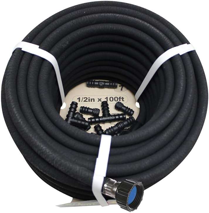 Soaker Hose 100ft - 1/2 Round Rubber Garden Soaker Hoses Kit, Heavy Duty Irrigation Drip Hose, Water Seeper Soaking Hose for Gardens, Flower Beds And Lawn Yard - Image 2