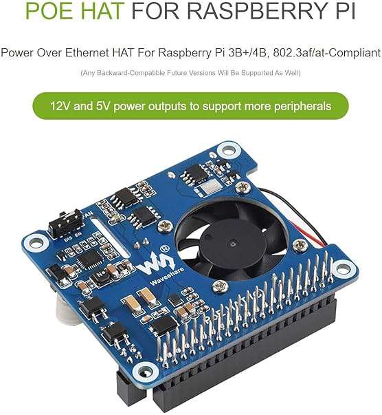 waveshare Power Over Ethernet (PoE) HAT for Raspberry Pi 4B/3B+, 802.3af/at PoE Network Standard, 5V USB-A&12V Header Outputs, PoE HAT Onboard Cooling Fan and MP8676 Buck Chip, Isolated - Image 2