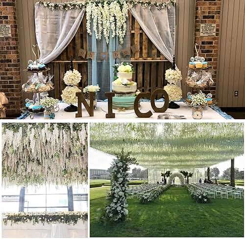 WEISPARK Fake Hanging Flowers - 12 Pieces 3.75 Feet/Piece Artificial Wisteria Vine Ratta Hanging Garland Silk Flowers for Home Party Wedding Decor (White) - Image 6