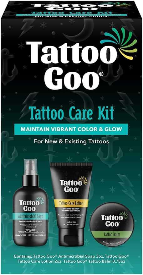 Tattoo Goo Tattoo Aftercare Kit, 3 Piece Set, Includes Antimicrobial Soap, Tattoo Balm & Healing Lotion, Main Vibrant Color & Glow, Complete Kit for Fresh Ink, Ongoing Ink Maintenance & Piercing Care - Image 1