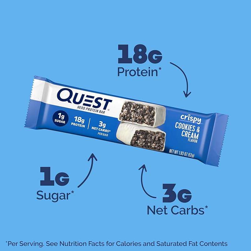 Quest Nutrition Crispy Cookies & Cream Hero Protein Bar, 18g Protein, 1g Sugar, 3g Net Carb, Gluten Free, Protein Snack, Keto Friendly, 12 Count - Image 3