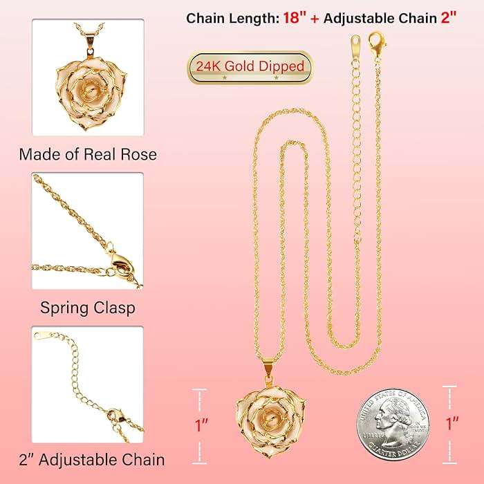 AliveRose Real Rose Gold Dipped Necklace Gifts for Women, 24K Gold Dipped Rose Pendant Necklace Jewelry Mothers Day Anniversaries Birthday Christmas Special Occasions Gifts for Her Mom Wife - Image 3