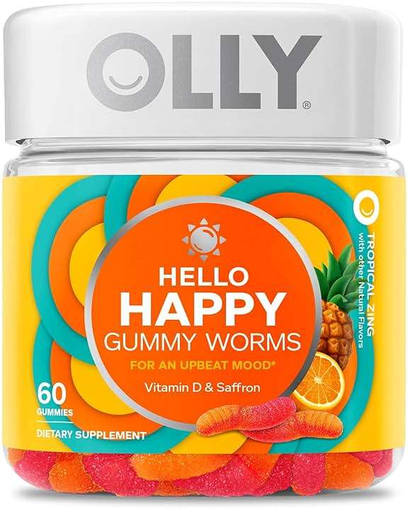 OLLY Hello Happy Gummy Worms, Mood Support Gummies For Adults,* Saffron Extract, Vitamin D, Tropical Zing Flavored, 30 Day Supply - 60 Count - Image 1