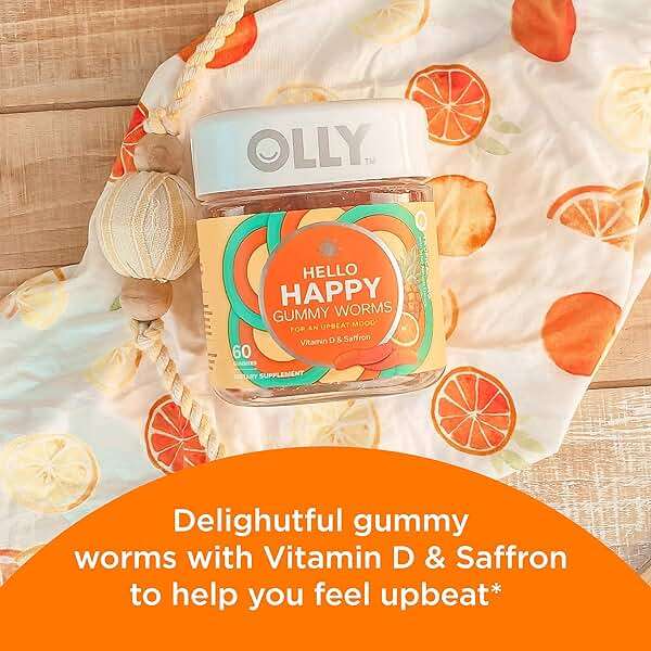 OLLY Hello Happy Gummy Worms, Mood Support Gummies For Adults,* Saffron Extract, Vitamin D, Tropical Zing Flavored, 30 Day Supply - 60 Count - Image 3