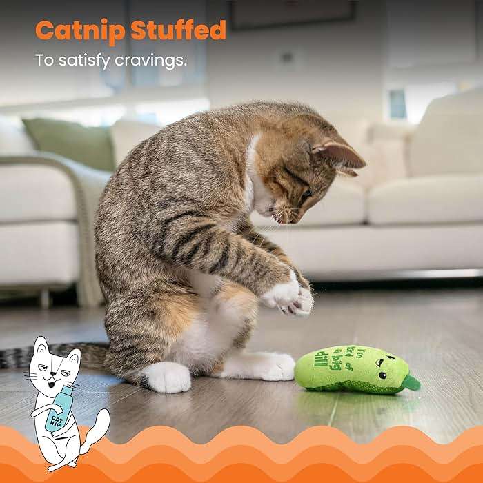 Catstages Crunchy Pickle Kicker Cat Toy – Plush Crinkle Toy with Catnip and Dental Mesh, 6.5" - Image 4