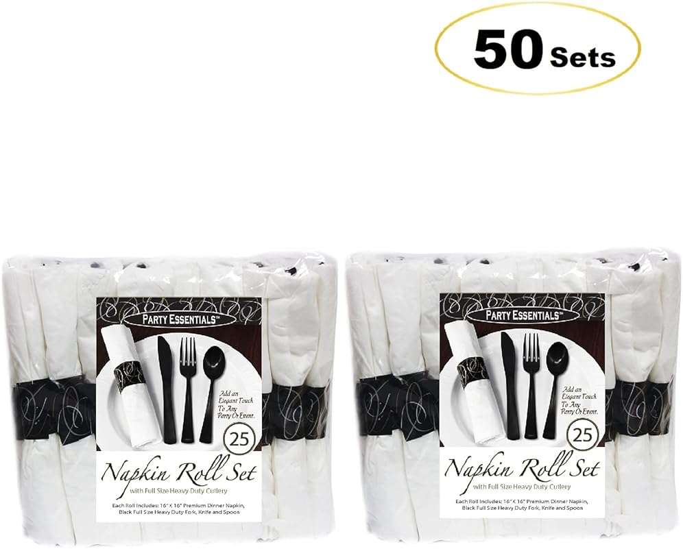 Party Essentials Party Supplies Wrapped Silverware Set Disposable, Pre Rolled Napkin and Cutlery, Spoons/Forks/Knives Black, 50 Units - Image 4